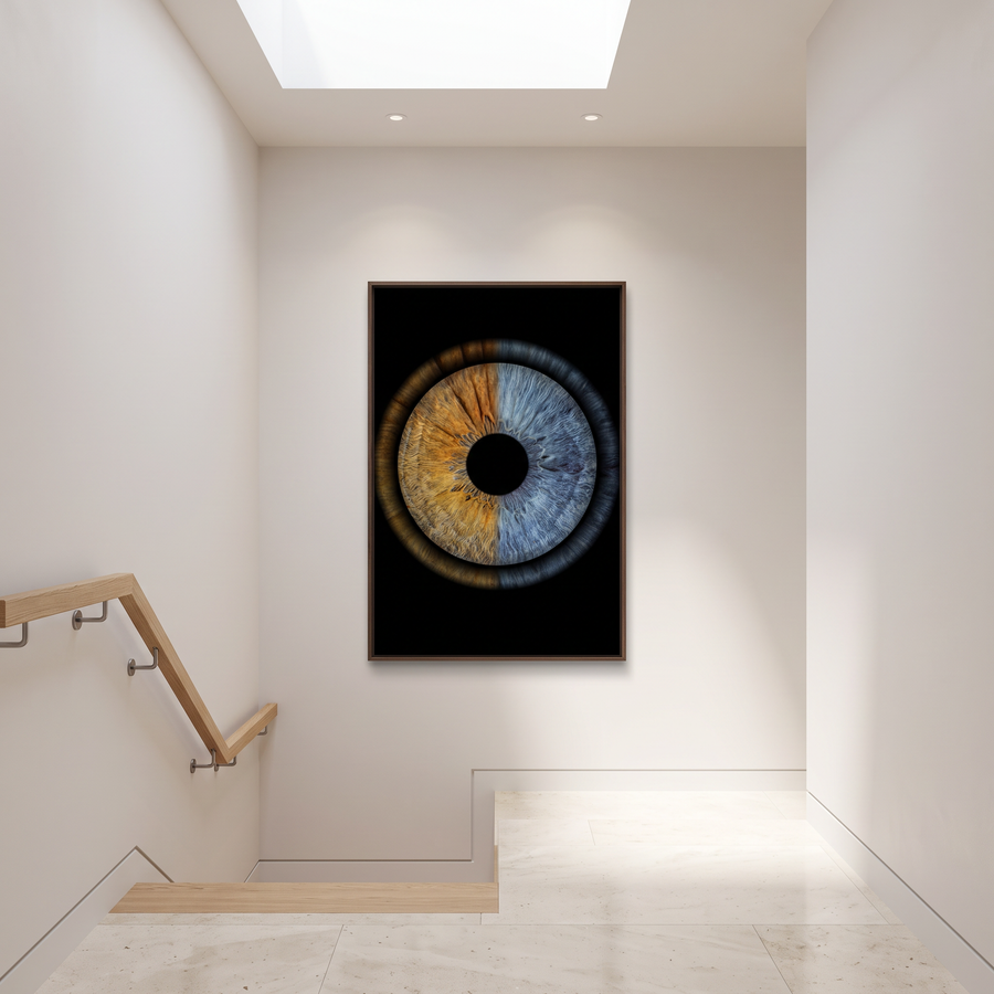A stair landing, under skylight
